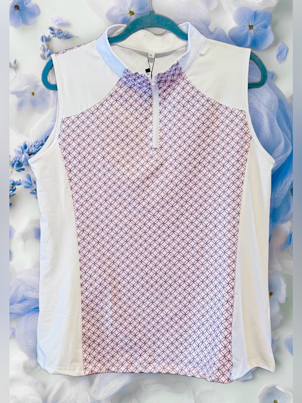 FKEEP NWT Sleeveless Quarter Zip Athletic Top Pink & Blue Pattern on White sz XL